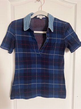 Lacoste preppy Navy Plaid Polo with Light Denim Collar